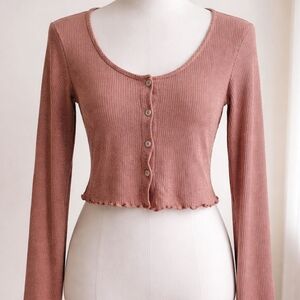 Ribbed Button-Up Crop Top - Orange